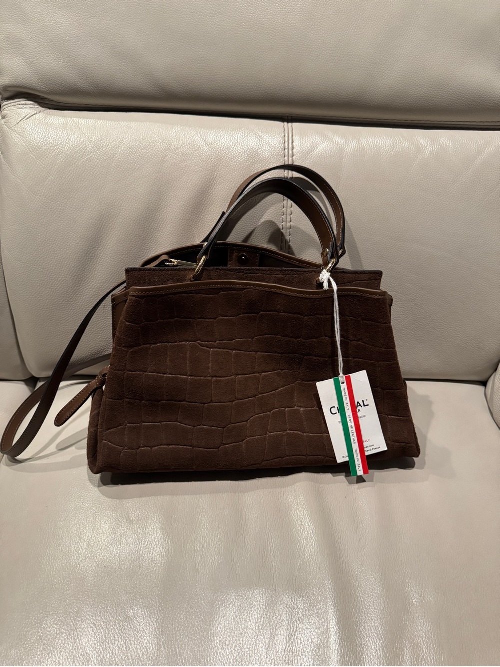 Brown Croc-Embossed Suede Top-Handle Women’s Bag